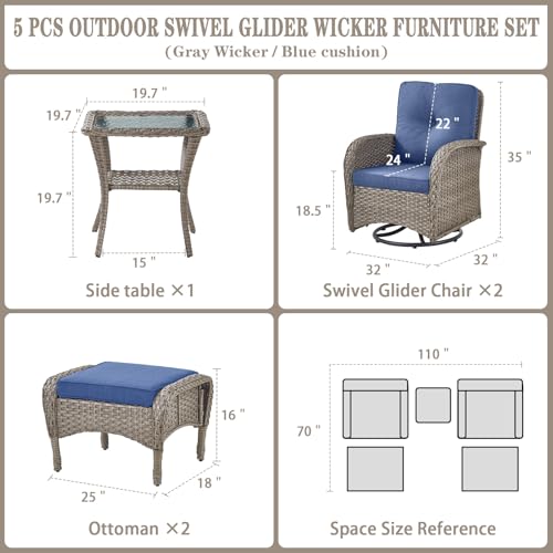 Patio Wicker Chairs Swivel Rocker – Outdoor Swivel Rocking Chairs Set of 2 with Rattan Side Table, Patio Swivel Glider Chair 3 Piece Patio Furniture Sets for Deck Porch Pool Brown/Blue - Image 212