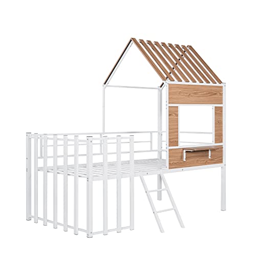 Harper & Bright Designs Kids House Beds Low Loft Bed Frame with Roof, Window, Guardrail and Ladder, Metal Twin Size Loft Bed for Kids Teens Girls Boys (Twin, White) - Image 16
