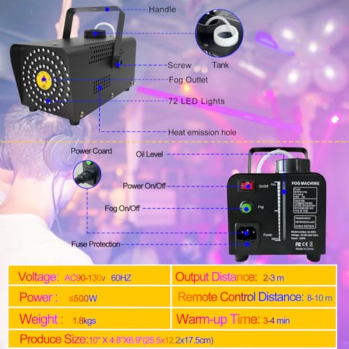 IMONE Smoke Machine with 72 LED Lights, Fog Machine with Remote Control, 500W and 2000 CFM Spray, Perfect for Wedding, Halloween, Party and Stage Effect - Image 5