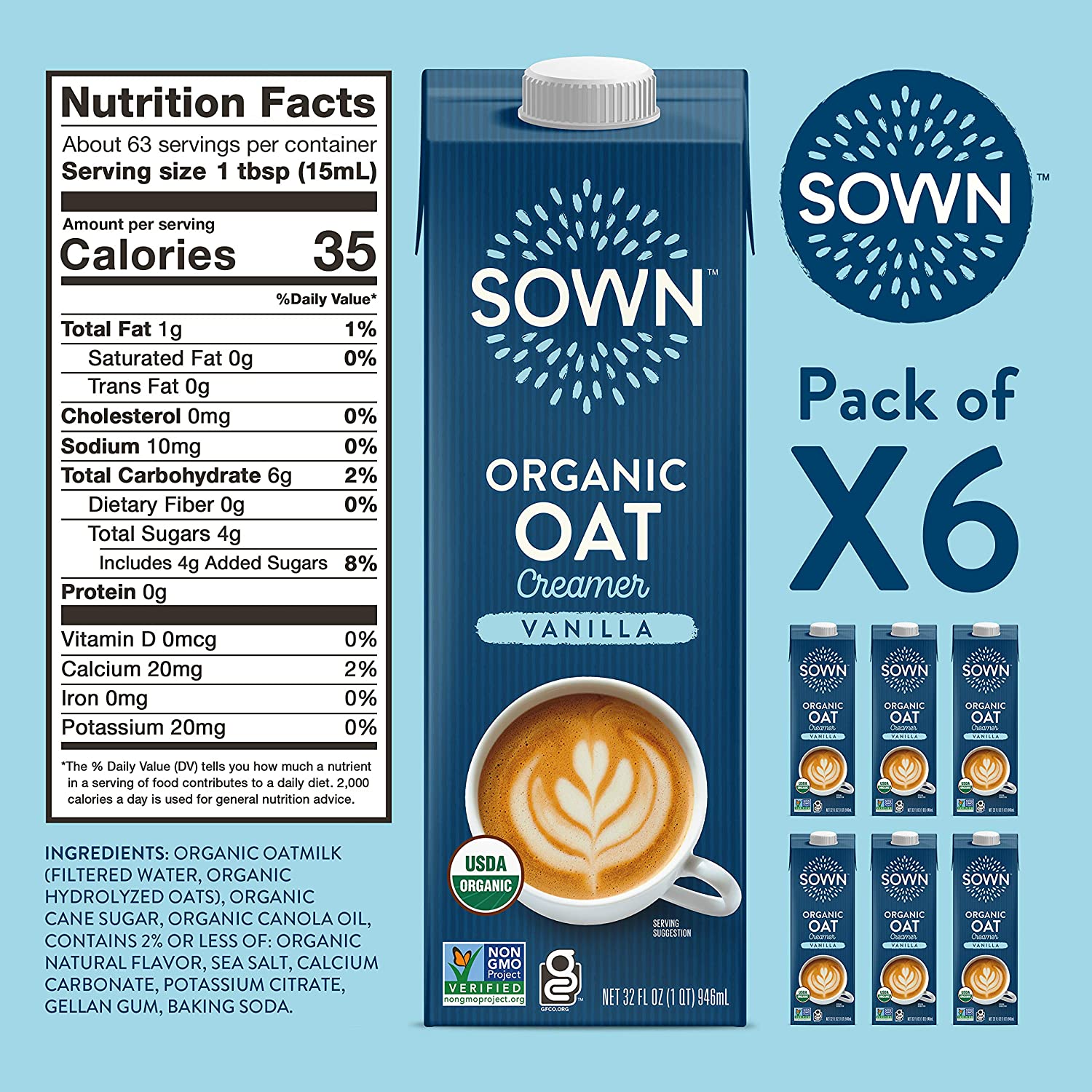 SOWN Organic Oat Creamer Unsweetened – Barista Oat Milk Non Dairy Coffee Creamer – Plant Based, Dairy-Free, Vegan, 0g Added Sugar, Gluten-Free, Non-GMO, Shelf Stable – 32oz (Pack of 6) - Image 17