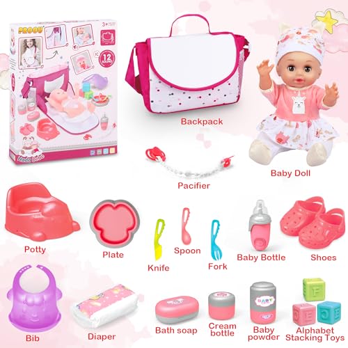 Baby Doll Toys Set, 14 Doll Toys, 25Pcs Dolls Care Toy Playset, Toddlers Toy Doll Set Incl Cradle Crib, High Chair, Milk Bottle, Pacifier, Diaper, Baby Gift for Age 3 4 5 6+ Years Old Girls Boys - Image 2