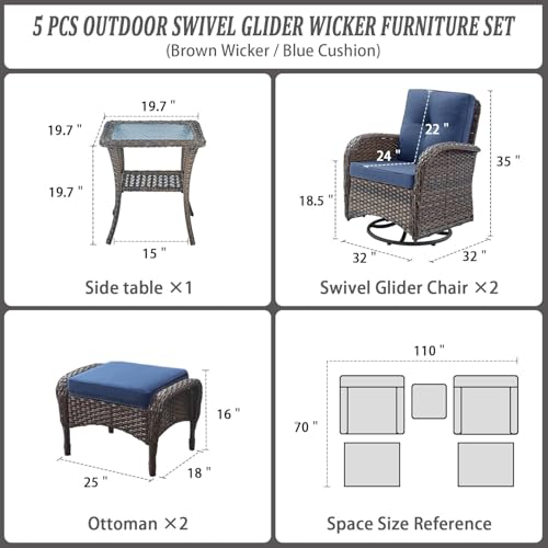 Patio Wicker Chairs Swivel Rocker – Outdoor Swivel Rocking Chairs Set of 2 with Rattan Side Table, Patio Swivel Glider Chair 3 Piece Patio Furniture Sets for Deck Porch Pool Brown/Blue - Image 181