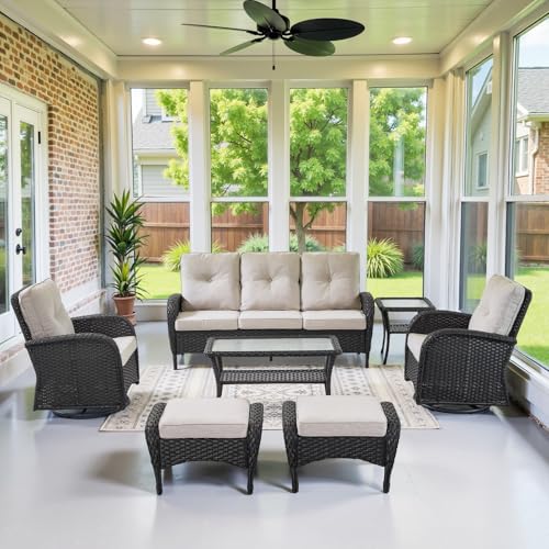 Patio Wicker Chairs Swivel Rocker – Outdoor Swivel Rocking Chairs Set of 2 with Rattan Side Table, Patio Swivel Glider Chair 3 Piece Patio Furniture Sets for Deck Porch Pool Brown/Blue - Image 121