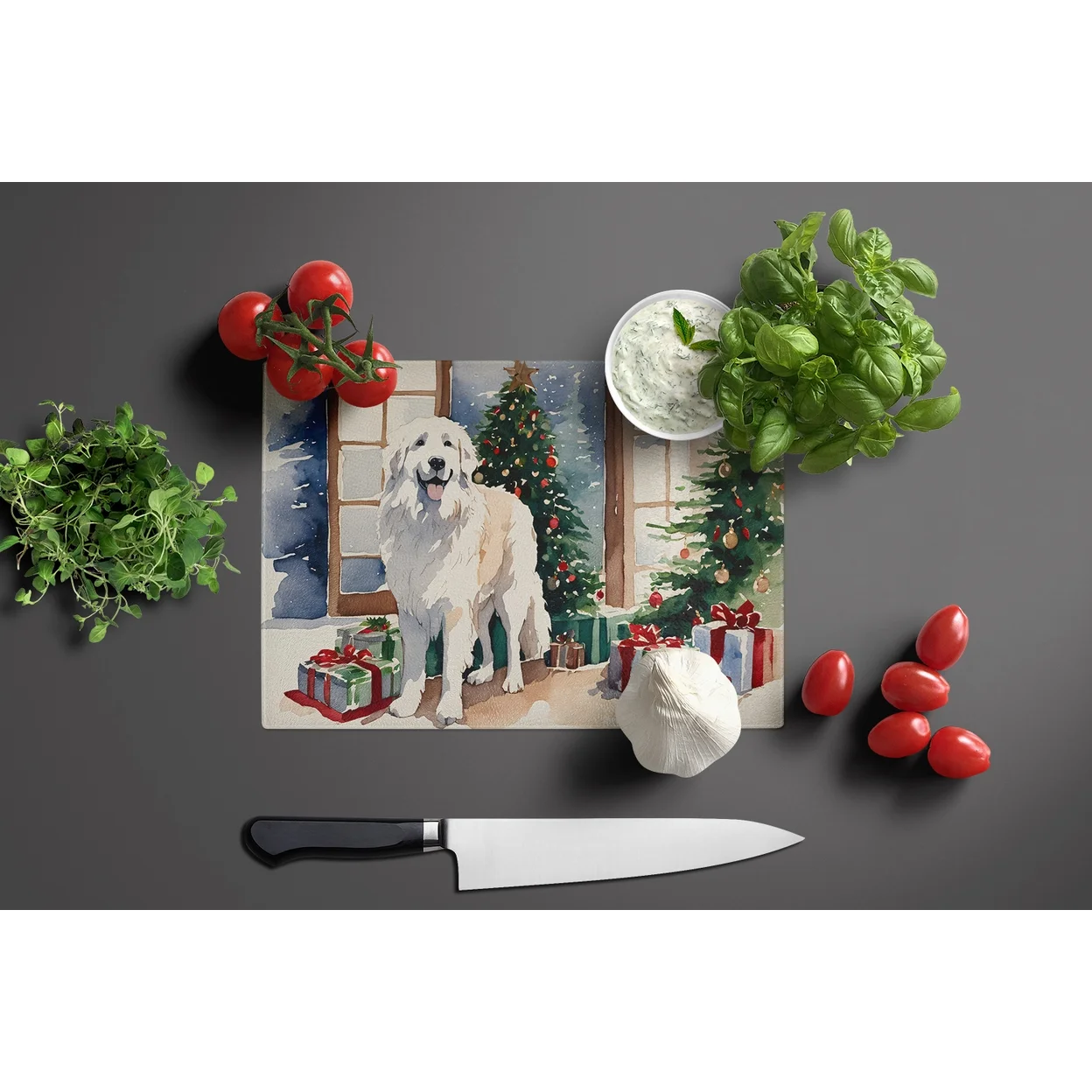Great Pyrenees Cozy Christmas Glass Cutting Board Large 12 in x 15 in - Image 3