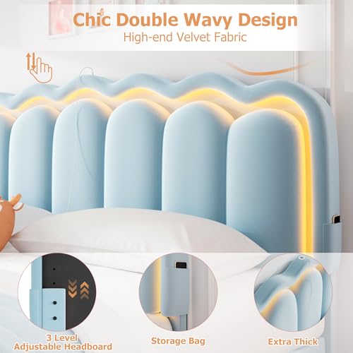 Twin Upholstered LED Bed Frame with Storage Drawer and Adjustable Chic Double Wavy Headboard, Velvet Princess Platform Bed for Kids/Girls, Solid Wood Slats Support, No Box Spring Needed, Beige - Image 17