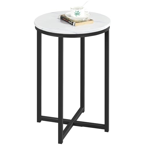Yaheetech Faux Marble Side Table, 16in End Table Modern Accent Sofa Table w/X-Based, Round Tabletop, Sturdy Metal Legs for Living Room, Black - Image 2