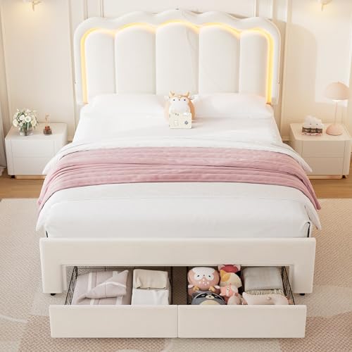 Twin Upholstered LED Bed Frame with Storage Drawer and Adjustable Chic Double Wavy Headboard, Velvet Princess Platform Bed for Kids/Girls, Solid Wood Slats Support, No Box Spring Needed, Beige - Image 3