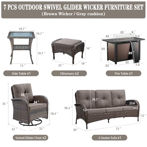 Patio Wicker Chairs Swivel Rocker – Outdoor Swivel Rocking Chairs Set of 2 with Rattan Side Table, Patio Swivel Glider Chair 3 Piece Patio Furniture Sets for Deck Porch Pool Brown/Blue - Image 95