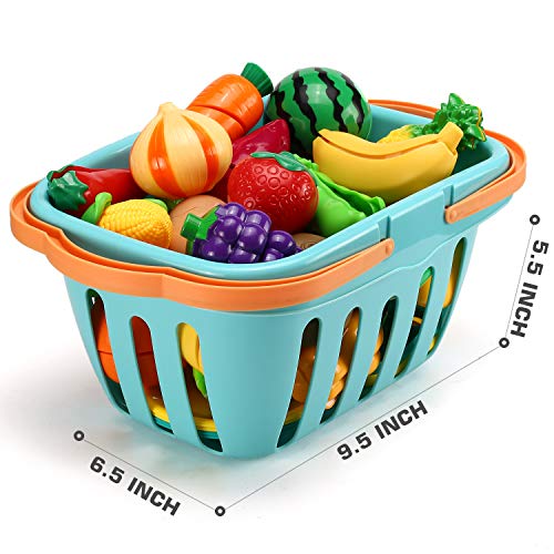 70 PCS Cutting Play Food Toy for Kids Kitchen, Pretend Fruit &Vegetables Accessories with Shopping Storage Basket, Plastic Mini Dishes and Knife, Educational Toy for Toddler Children Birthday Gift - Image 6