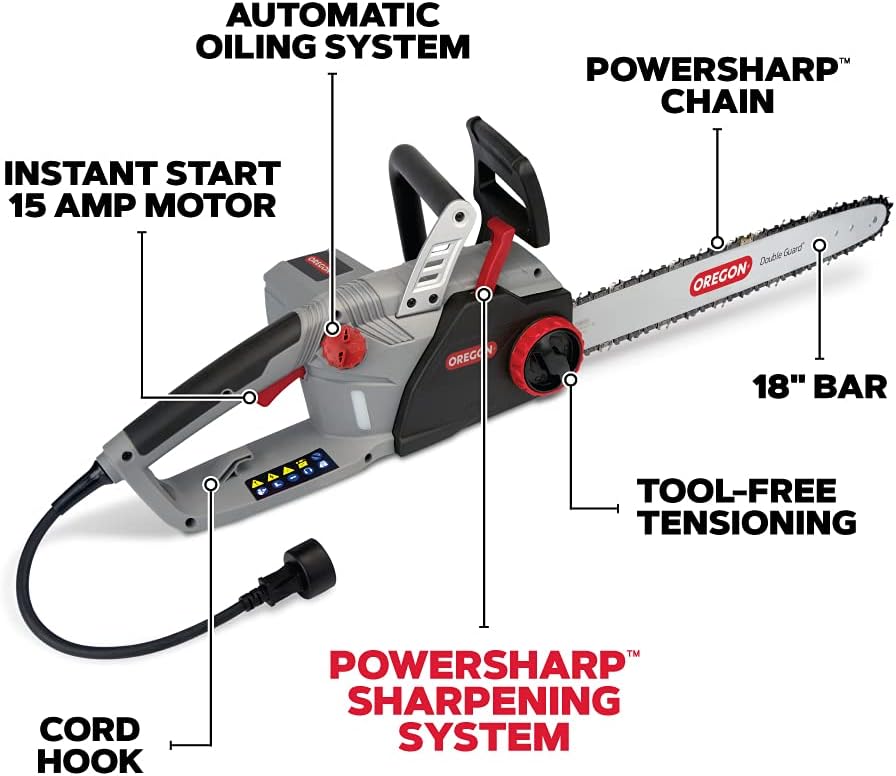 Oregon CS1500 18-inch 15 Amp Self-Sharpening Corded Electric Chainsaw, with Integrated Self-Sharpening System (PowerSharp), 2-Year Warranty, 120V, Grey, Black - Image 12