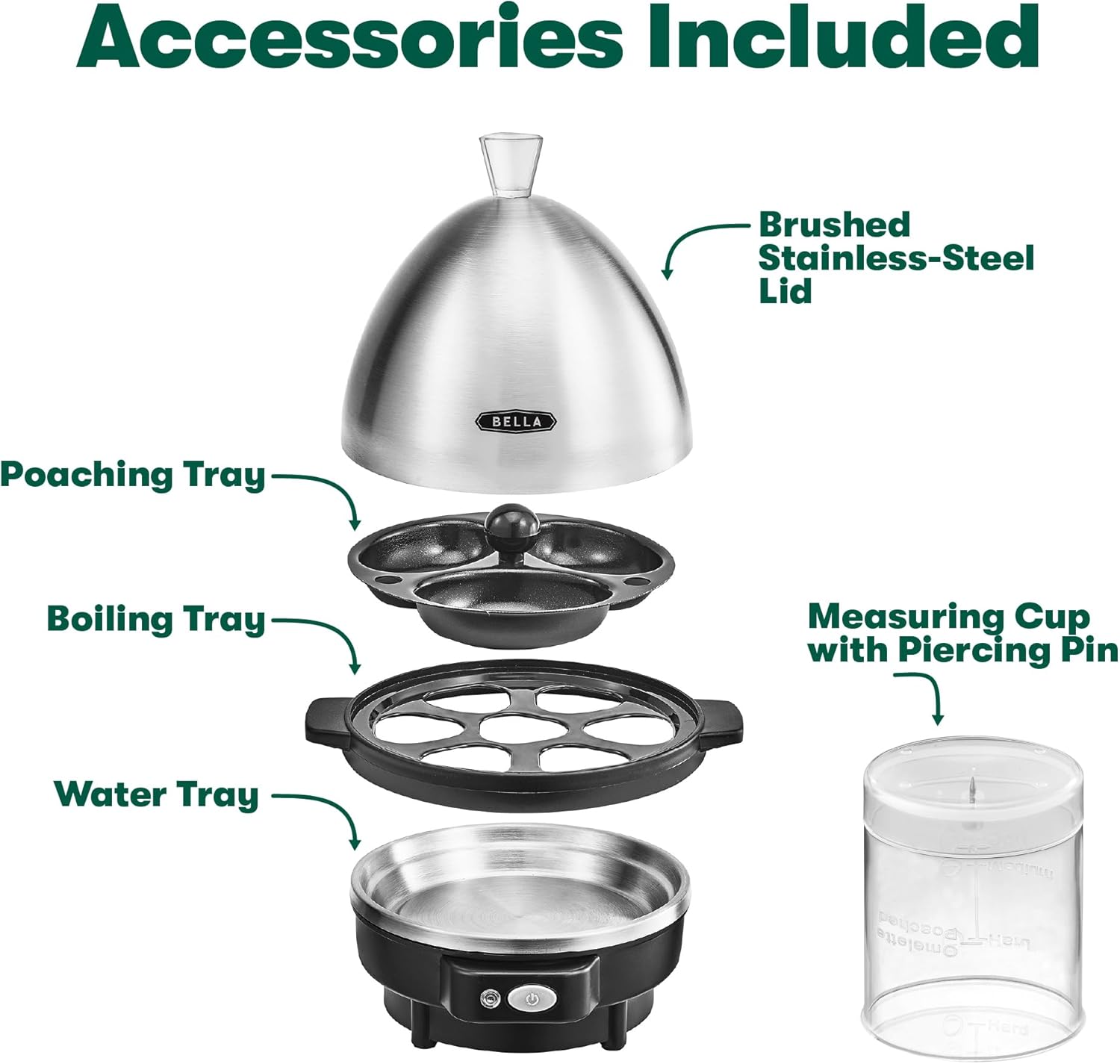 BELLA Rapid Electric Egg Cooker and Omelet Maker with Auto Shut Off, for Easy to Peel, Poached Eggs, Soft, Medium and Hard-Boiled Eggs, 7 Egg Capacity Tray, Single Tier, Black & Steel - Image 3