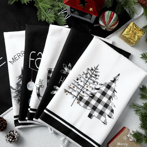 Geyoga 6 Pcs Merry Christmas Kitchen Towels Buffalo Plaid Xmas Tree Dish Towels Hand Towel Tea Towel Absorbent Soft Drying Cloth for Holiday Housewarming Gifts, 16×24 Inch(Gray White) - Image 9