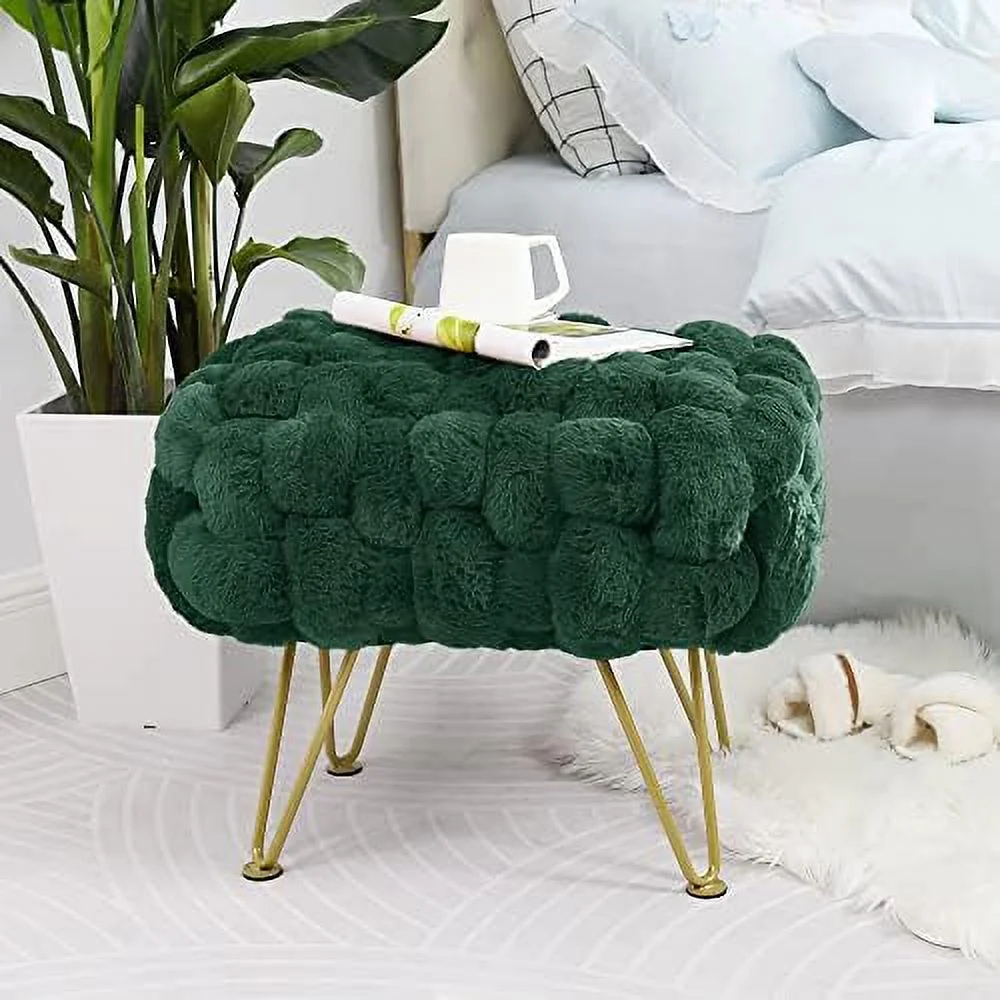 Pink Soft Faux Ottoman Fuzzy Entryway Bench Seat 27x20x19 Sturdy Accent Coffee Table for Living Room Make up Vanity Fluffy Shoe Stool with Golden Legs for Bedroom Closet F - Image 4