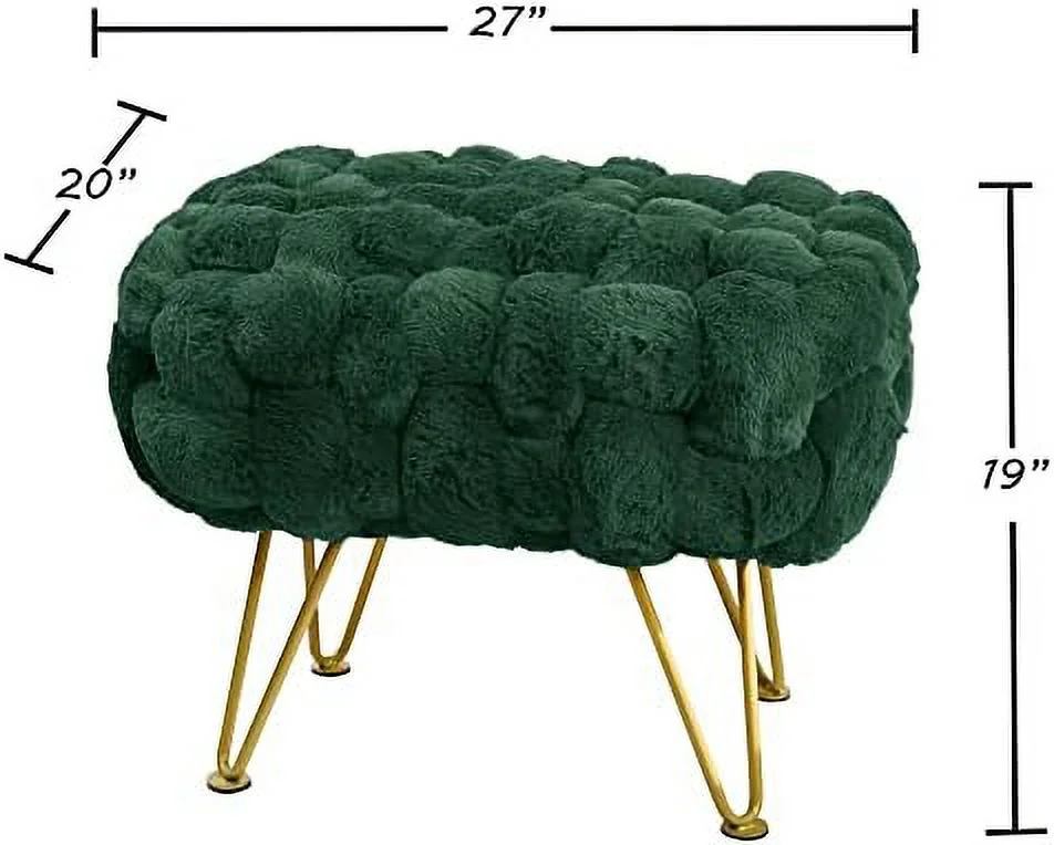 Pink Soft Faux Ottoman Fuzzy Entryway Bench Seat 27x20x19 Sturdy Accent Coffee Table for Living Room Make up Vanity Fluffy Shoe Stool with Golden Legs for Bedroom Closet F - Image 2