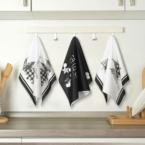 Geyoga 6 Pcs Merry Christmas Kitchen Towels Buffalo Plaid Xmas Tree Dish Towels Hand Towel Tea Towel Absorbent Soft Drying Cloth for Holiday Housewarming Gifts, 16×24 Inch(Gray White) - Image 2