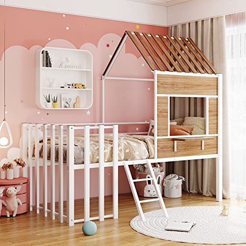 Harper & Bright Designs Kids House Beds Low Loft Bed Frame with Roof, Window, Guardrail and Ladder, Metal Twin Size Loft Bed for Kids Teens Girls Boys (Twin, White) - Image 5