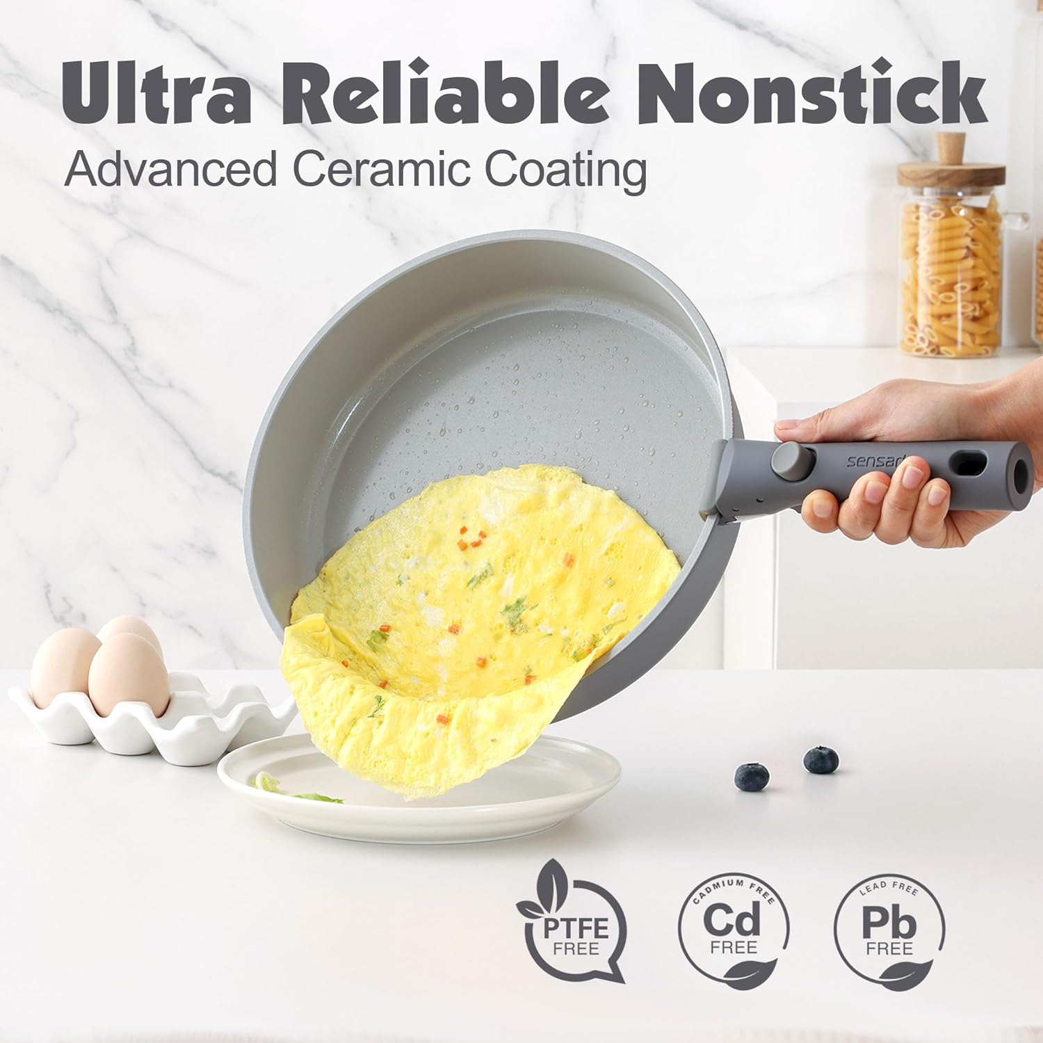 SENSARTE 17 Piece Ceramic Pots and Pans Set, Nonstick Detachable Handle Cookware, Induction Kitchen Cookware Set with Removable Handle, Dishwasher ?? Oven Safe (Gray) - Image 8