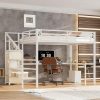 SOFTSEA Queen Size Metal Loft Bed with L-Shaped Desk and Wardrobe, Metal Bed Frame with USB and Adjustable Shelf, High Loft Bed with LED for Bedroom, No Box Spring Needed, White Wood Grain