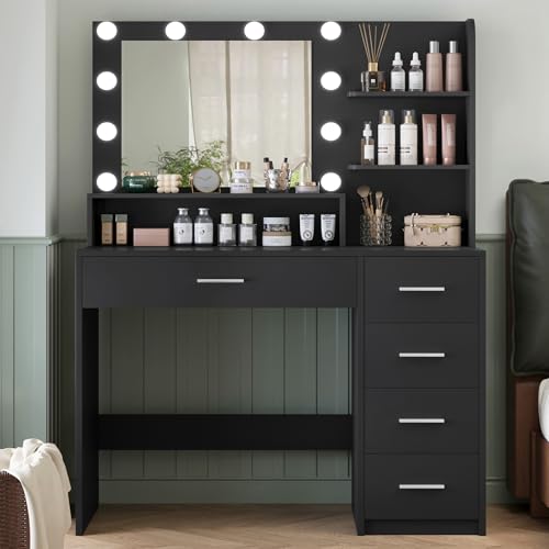 Makeup Vanity Desk with Mirror, 10 Lights, 5 Drawers, 3 Storage Shelves, 3 Color Modes & Adjustable Brightness Dressing Table, 35.4?? Desk, Black - Image 5