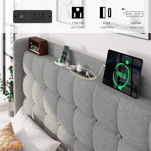 Queen Bed Frame, Upholstered Platform Bed with Charging Station, Modern Wingback Storage Headboard, Solid Wood Slats Support, No Box Spring Needed, Dark Gray - Image 17