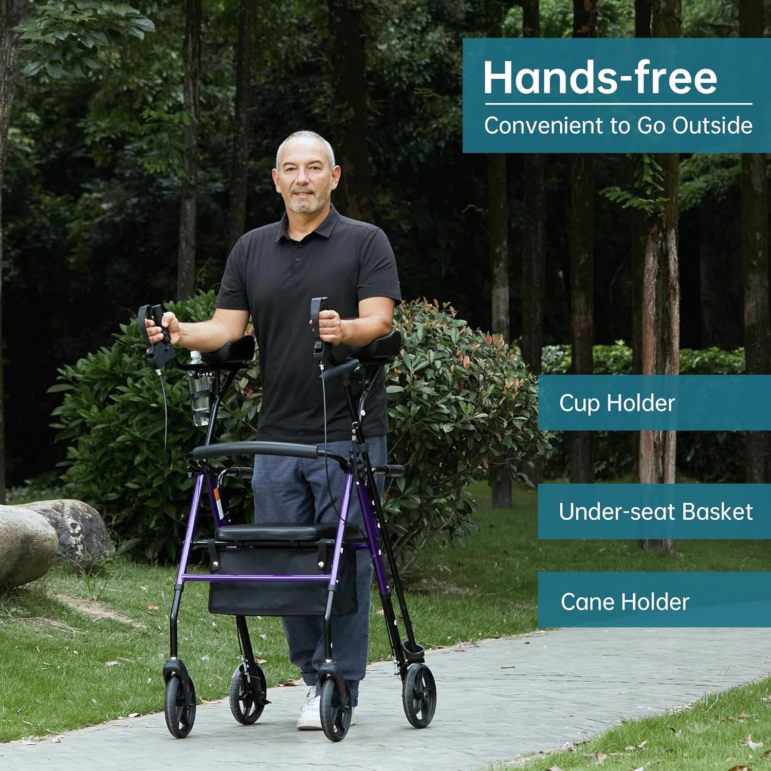 ELENKER Upright Walker, Stand Up Rollator Walker with Padded Seat and Backrest, Compact Folding, Fully Adjustment Frame for Seniors, Purple - Image 2