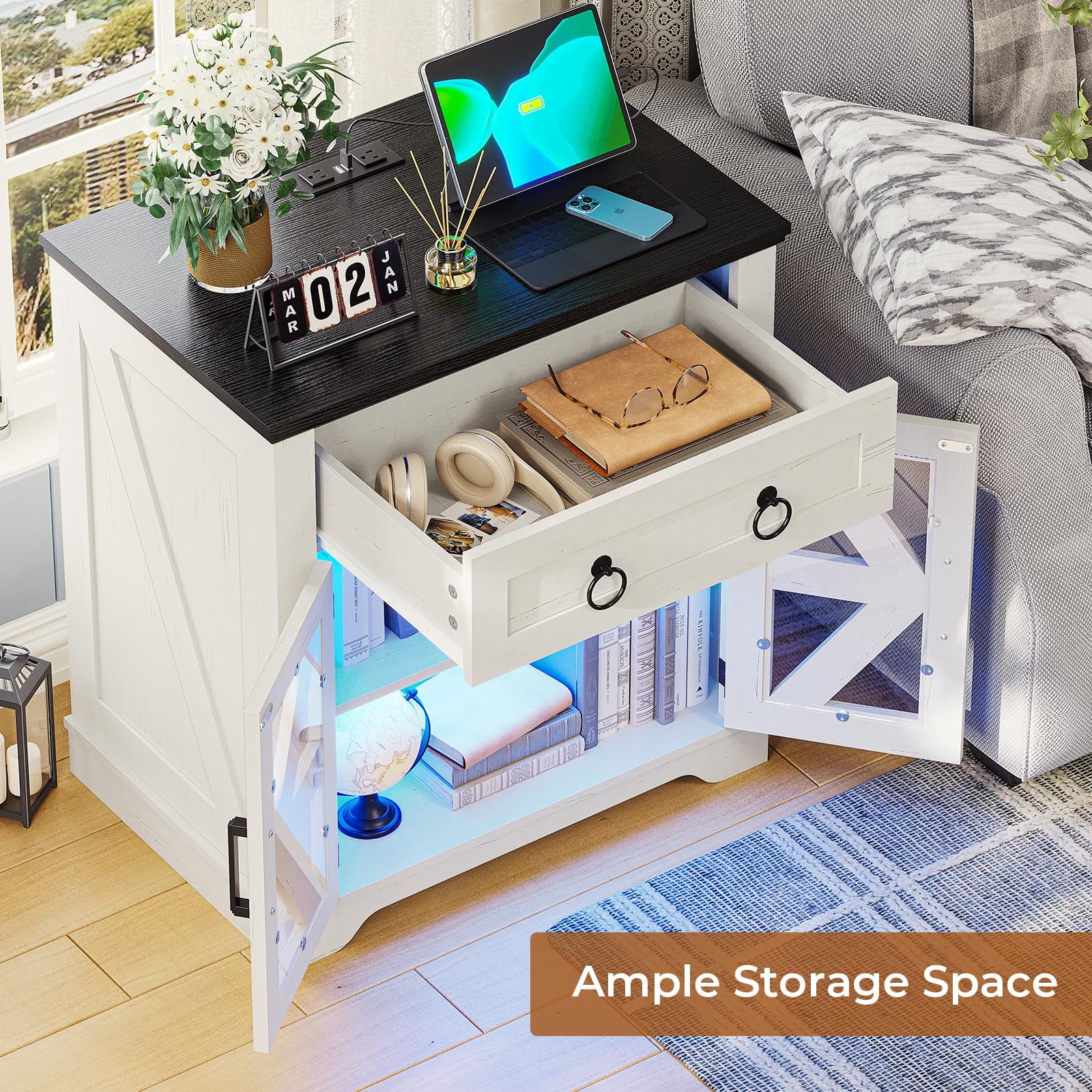 Farmhouse End Table with Charging Station, Side Table with LED Lights, White Night Stand for Living Room, Bedroom - Image 3