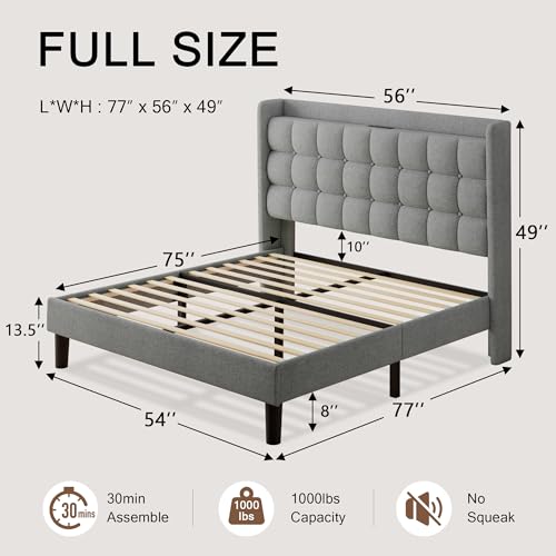 Queen Bed Frame, Upholstered Platform Bed with Charging Station, Modern Wingback Storage Headboard, Solid Wood Slats Support, No Box Spring Needed, Dark Gray - Image 21