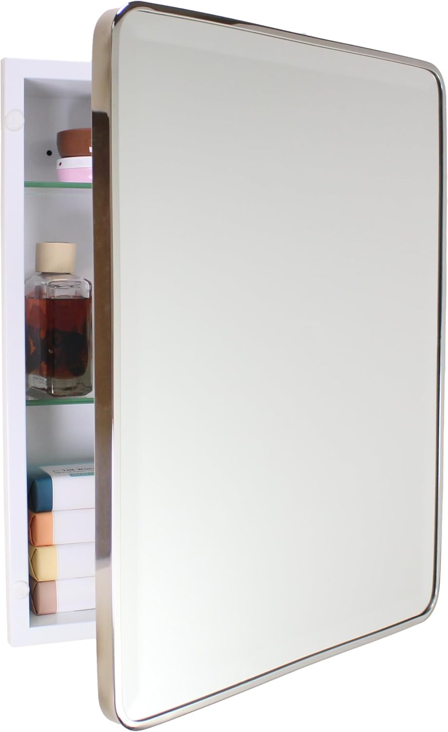 16×20 Austin Farmhouse Metal Framed Rounded Rectangle Recessed Bathroom Medicine Cabinet, Beveled Mirror, 14×18 in-Wall Opening, powder-coated Steel, Glass Shelves, Magnet Close, Brushed Nickel - Image 8