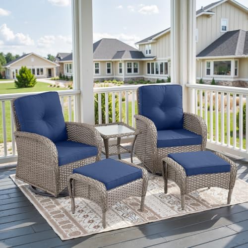 Patio Wicker Chairs Swivel Rocker – Outdoor Swivel Rocking Chairs Set of 2 with Rattan Side Table, Patio Swivel Glider Chair 3 Piece Patio Furniture Sets for Deck Porch Pool Brown/Blue - Image 211