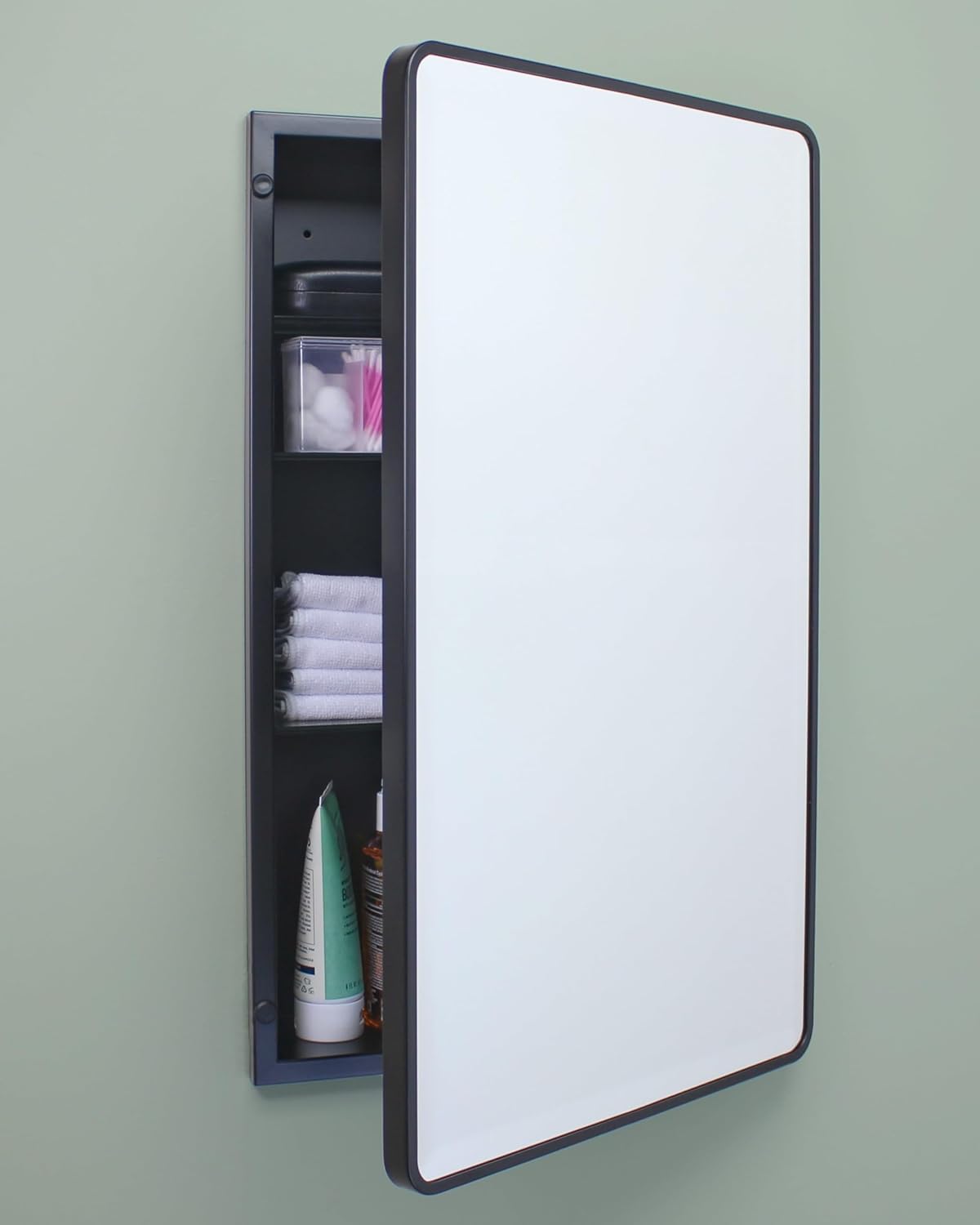 16×20 Austin Farmhouse Metal Framed Rounded Rectangle Recessed Bathroom Medicine Cabinet, Beveled Mirror, 14×18 in-Wall Opening, powder-coated Steel, Glass Shelves, Magnet Close, Brushed Nickel - Image 3