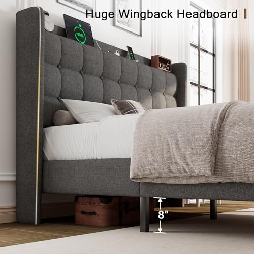 Queen Bed Frame, Upholstered Platform Bed with Charging Station, Modern Wingback Storage Headboard, Solid Wood Slats Support, No Box Spring Needed, Dark Gray - Image 6