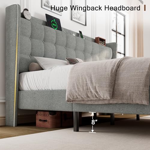 Queen Bed Frame, Upholstered Platform Bed with Charging Station, Modern Wingback Storage Headboard, Solid Wood Slats Support, No Box Spring Needed, Dark Gray - Image 19