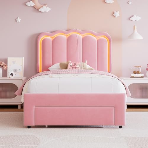 Twin Upholstered LED Bed Frame with Storage Drawer and Adjustable Chic Double Wavy Headboard, Velvet Princess Platform Bed for Kids/Girls, Solid Wood Slats Support, No Box Spring Needed, Beige - Image 92