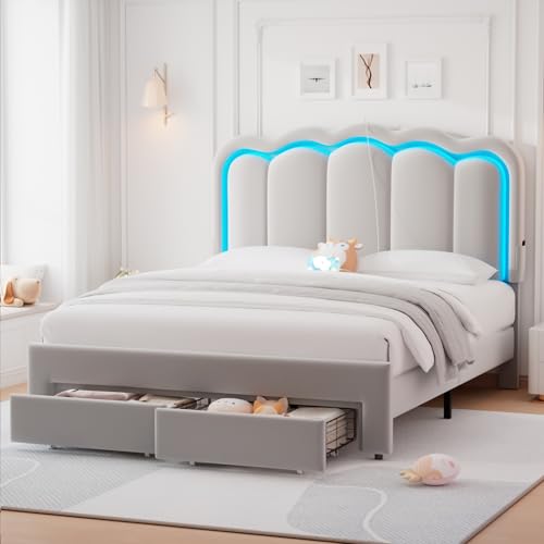 Twin Upholstered LED Bed Frame with Storage Drawer and Adjustable Chic Double Wavy Headboard, Velvet Princess Platform Bed for Kids/Girls, Solid Wood Slats Support, No Box Spring Needed, Beige - Image 10