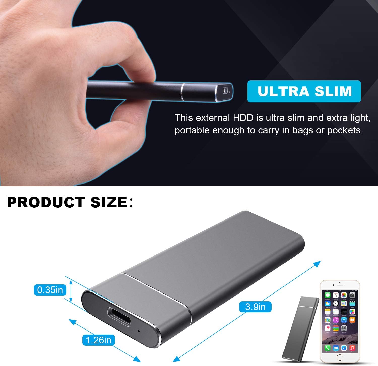 External Hard Drive Compatible for Mac, PC, Desktop, Laptop, Portable 2TB External Hard Drive, Ultra Slim Hard Drive, YSYDYPBB-05 (2TB, C-Black) - Image 5