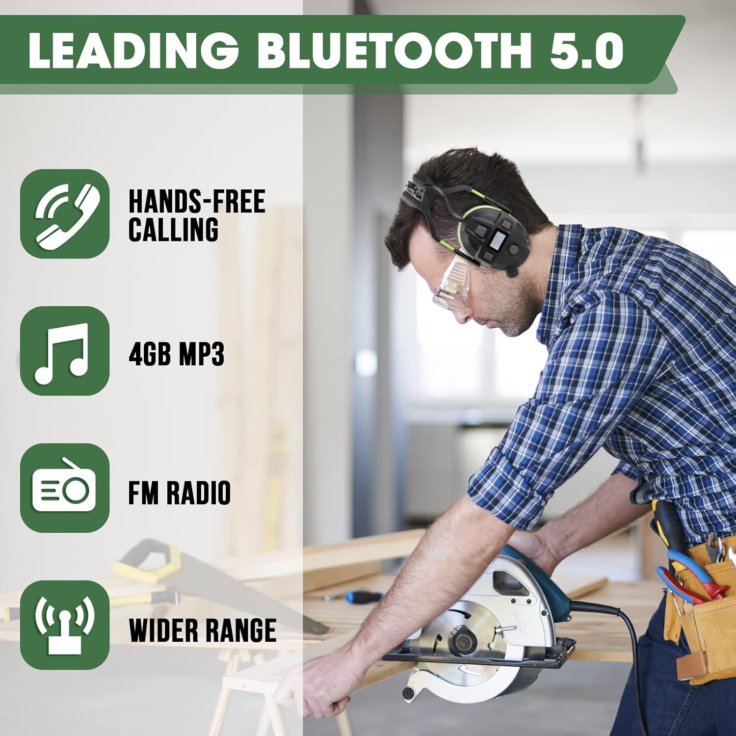 Bluetooth Hearing Protection, FM MP3 Noise Reduction Radio Headphones with 29dB NRR, Safety Ear Muffs with Bluetooth Radio, Wireless Cancelling Bluetooth Rechargebale FM Radio Headphones, Green - Image 2