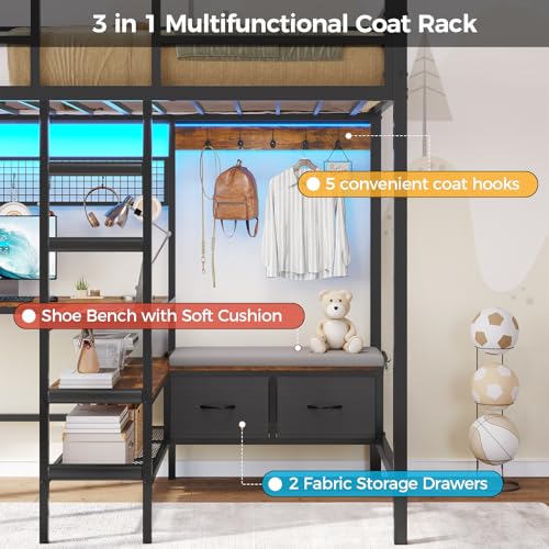 DICTAC Twin Loft Bed with L-Shaped Desk,Storage Shelves and Charging Station Metal Loft Bed Twin Size with LED Lights,Coat Rack with Drawers and Stair,Top Bunk with Safety Guardrail for Teen,Black - Image 8