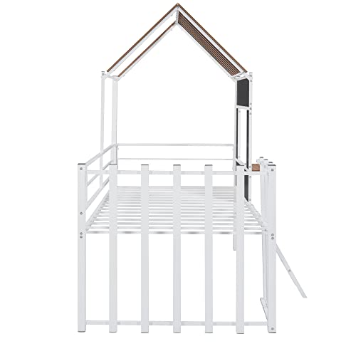 Harper & Bright Designs Kids House Beds Low Loft Bed Frame with Roof, Window, Guardrail and Ladder, Metal Twin Size Loft Bed for Kids Teens Girls Boys (Twin, White) - Image 18