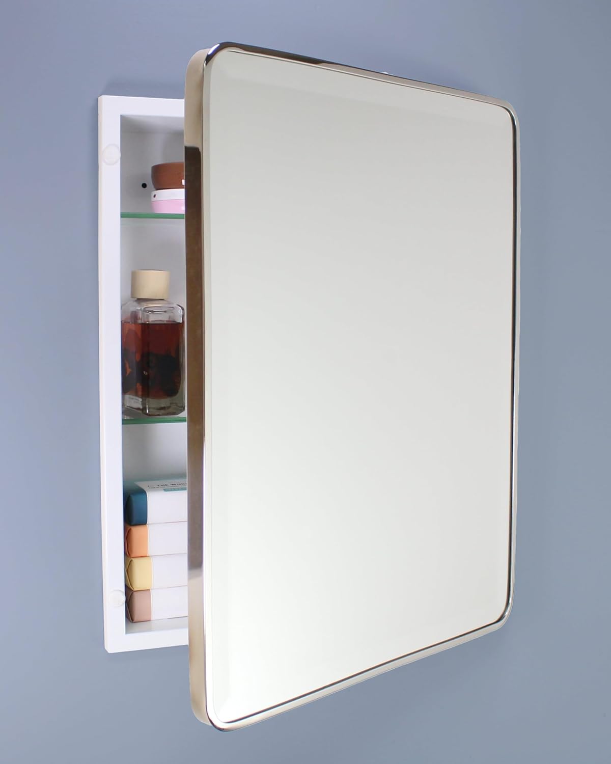 16×20 Austin Farmhouse Metal Framed Rounded Rectangle Recessed Bathroom Medicine Cabinet, Beveled Mirror, 14×18 in-Wall Opening, powder-coated Steel, Glass Shelves, Magnet Close, Brushed Nickel - Image 13