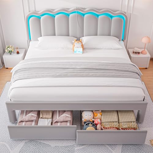 Twin Upholstered LED Bed Frame with Storage Drawer and Adjustable Chic Double Wavy Headboard, Velvet Princess Platform Bed for Kids/Girls, Solid Wood Slats Support, No Box Spring Needed, Beige - Image 56