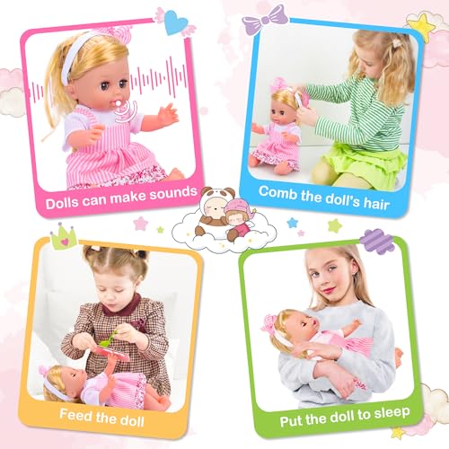 Baby Doll Toys Set, 14 Doll Toys, 25Pcs Dolls Care Toy Playset, Toddlers Toy Doll Set Incl Cradle Crib, High Chair, Milk Bottle, Pacifier, Diaper, Baby Gift for Age 3 4 5 6+ Years Old Girls Boys - Image 25