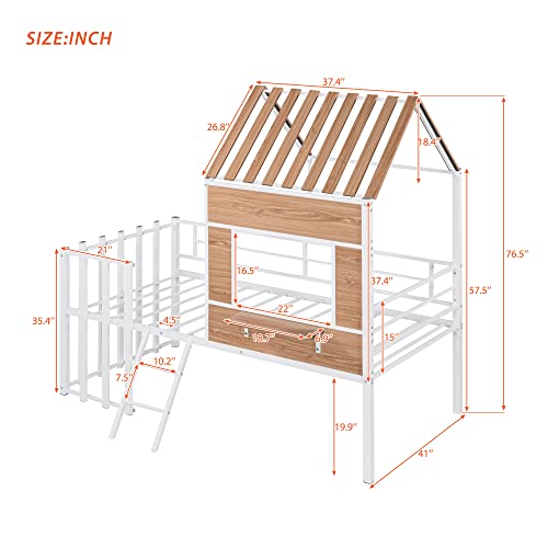 Harper & Bright Designs Kids House Beds Low Loft Bed Frame with Roof, Window, Guardrail and Ladder, Metal Twin Size Loft Bed for Kids Teens Girls Boys (Twin, White) - Image 12
