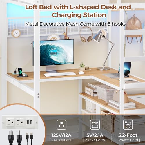 DICTAC Twin Loft Bed with L-Shaped Desk,Storage Shelves and Charging Station Metal Loft Bed Twin Size with LED Lights,Coat Rack with Drawers and Stair,Top Bunk with Safety Guardrail for Teen,Black - Image 14