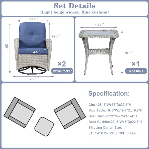 Patio Wicker Chairs Swivel Rocker – Outdoor Swivel Rocking Chairs Set of 2 with Rattan Side Table, Patio Swivel Glider Chair 3 Piece Patio Furniture Sets for Deck Porch Pool Brown/Blue - Image 38