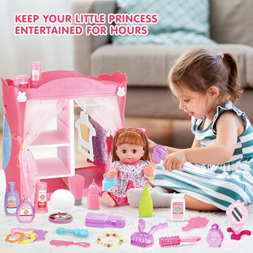 Baby Doll Toys Set, 14 Doll Toys, 25Pcs Dolls Care Toy Playset, Toddlers Toy Doll Set Incl Cradle Crib, High Chair, Milk Bottle, Pacifier, Diaper, Baby Gift for Age 3 4 5 6+ Years Old Girls Boys - Image 32