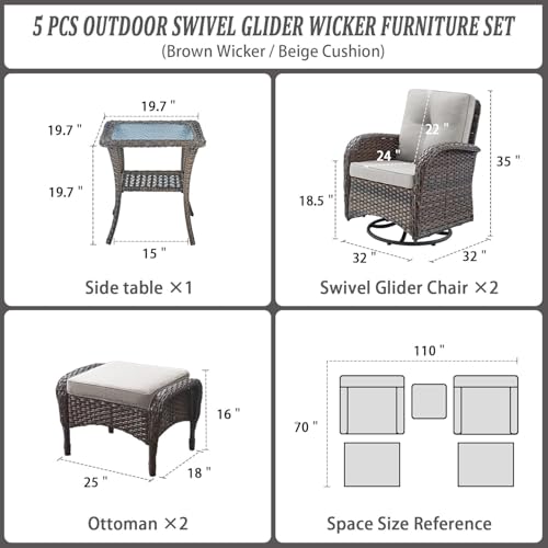 Patio Wicker Chairs Swivel Rocker – Outdoor Swivel Rocking Chairs Set of 2 with Rattan Side Table, Patio Swivel Glider Chair 3 Piece Patio Furniture Sets for Deck Porch Pool Brown/Blue - Image 201
