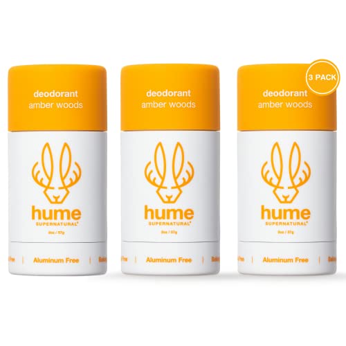 Hume Supernatural Aluminum Free Deodorant for Women & Men – Safe for Sensitive Skin – Probiotic, Plant-Based, Baking Soda Free, Aloe, & Cactus Flower, Anti Sweat, Stain & Odor – Amber Woods, 3-Pack