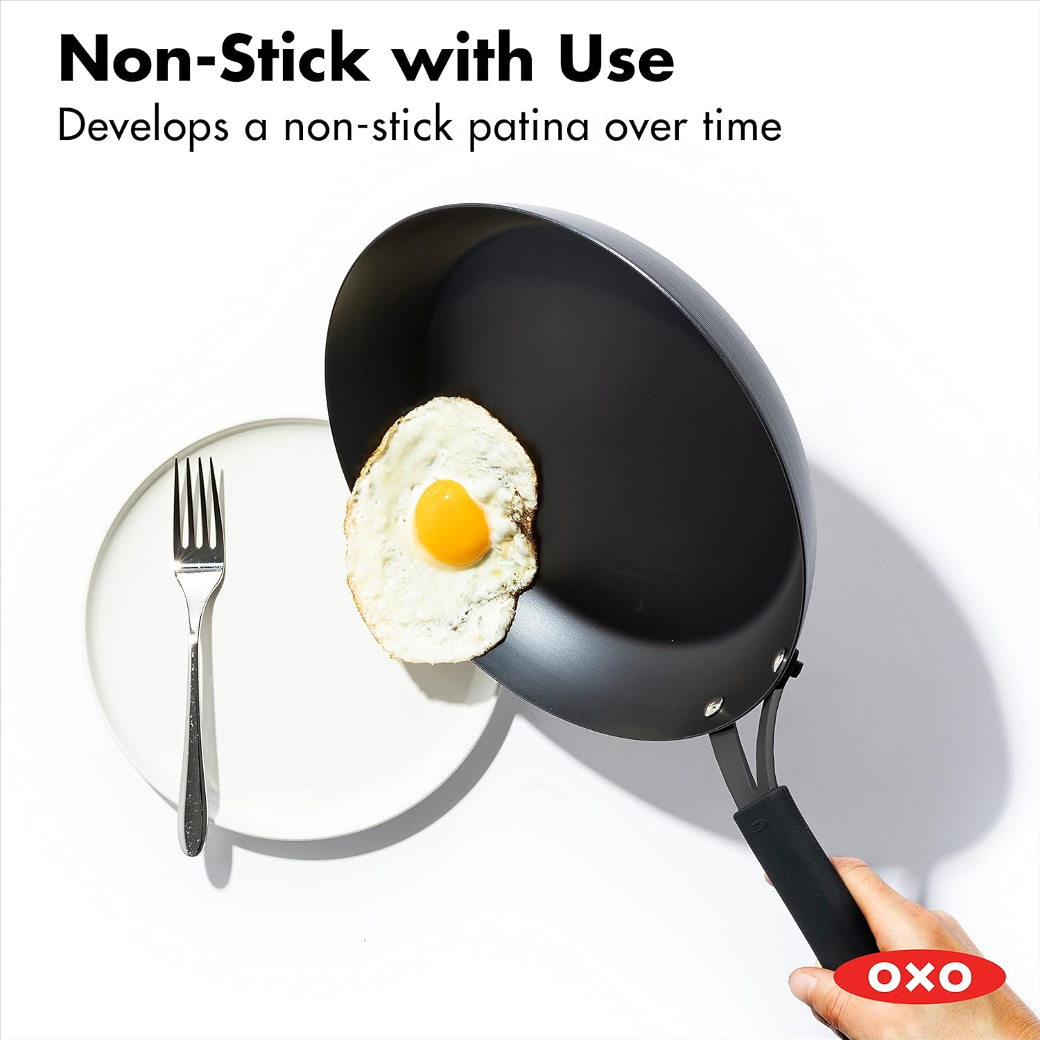 OXO Obsidian Pre-Seasoned Carbon Steel, 12 Wok Pan with Removable Silicone Handle Holder, Induction, Oven Safe, Black - Image 11