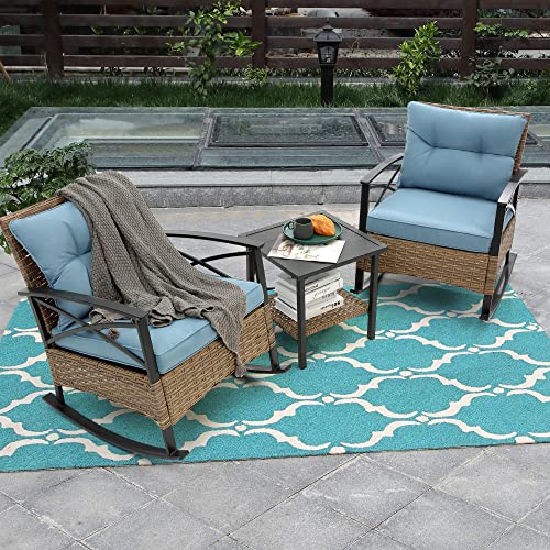 Outdoor Wicker Rocking Chairs Patio – 3 Pieces Patio Furniture Rattan Rocker Chairs Wicker Rocking Bistro Set with Cushions and Side Table for Garden Patio Yard Porch Lawn Balcony (Blue) - Image 2