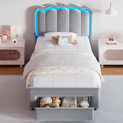 Twin Upholstered LED Bed Frame with Storage Drawer and Adjustable Chic Double Wavy Headboard, Velvet Princess Platform Bed for Kids/Girls, Solid Wood Slats Support, No Box Spring Needed, Beige - Image 63